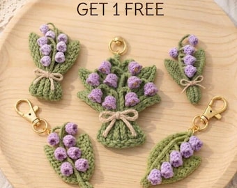 Crocheted Purple Lily of the Valley Keychain | Handmade Flower Bouquet Bag Charm, Cottagecore Floral Keyring