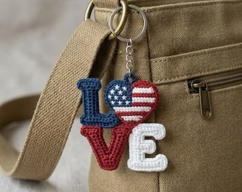 Crocheted LOVE USA Flag Heart Keychain | Handmade Americana Bag Charm, 4th July Accessory