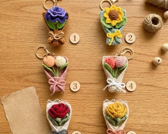 Crochet Flower Bouquet Keychain | Mini Rose Sunflower Tulip Bag Charm