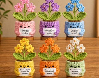 Handmade Crochet Forget Me Not Potted Flower, Personalized Inspirational Gift, Custom Message Plant