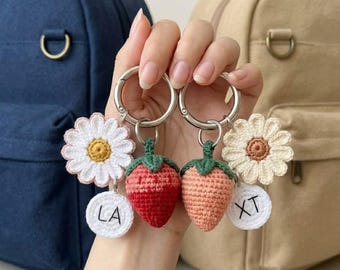 Crocheted Strawberry Daisy Keychains | Matching Couple Bag Charms (Custom Initial)