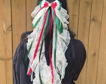 Mexican Heirloom | Green Red Ivory Ribbon Hair Clips | Lace Bow