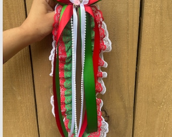 Mexican Ribbon Hairbow | Green White Red Ribbons | Lace Trim