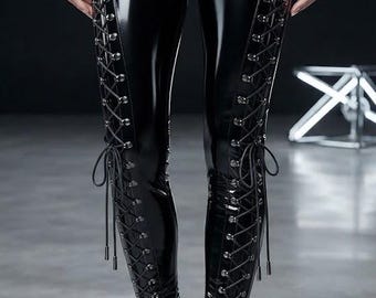 Leggings negros de piel sintética, pantalones con cordones, pantalones góticos de talle alto, ropa alternativa para fiestas rave, atuendo vanguardista para festivales de mujer.