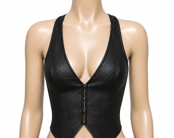 Chaleco corsé de cuero negro para mujer, escote en V profundo, sin mangas, corte ajustado, ideal para discotecas.