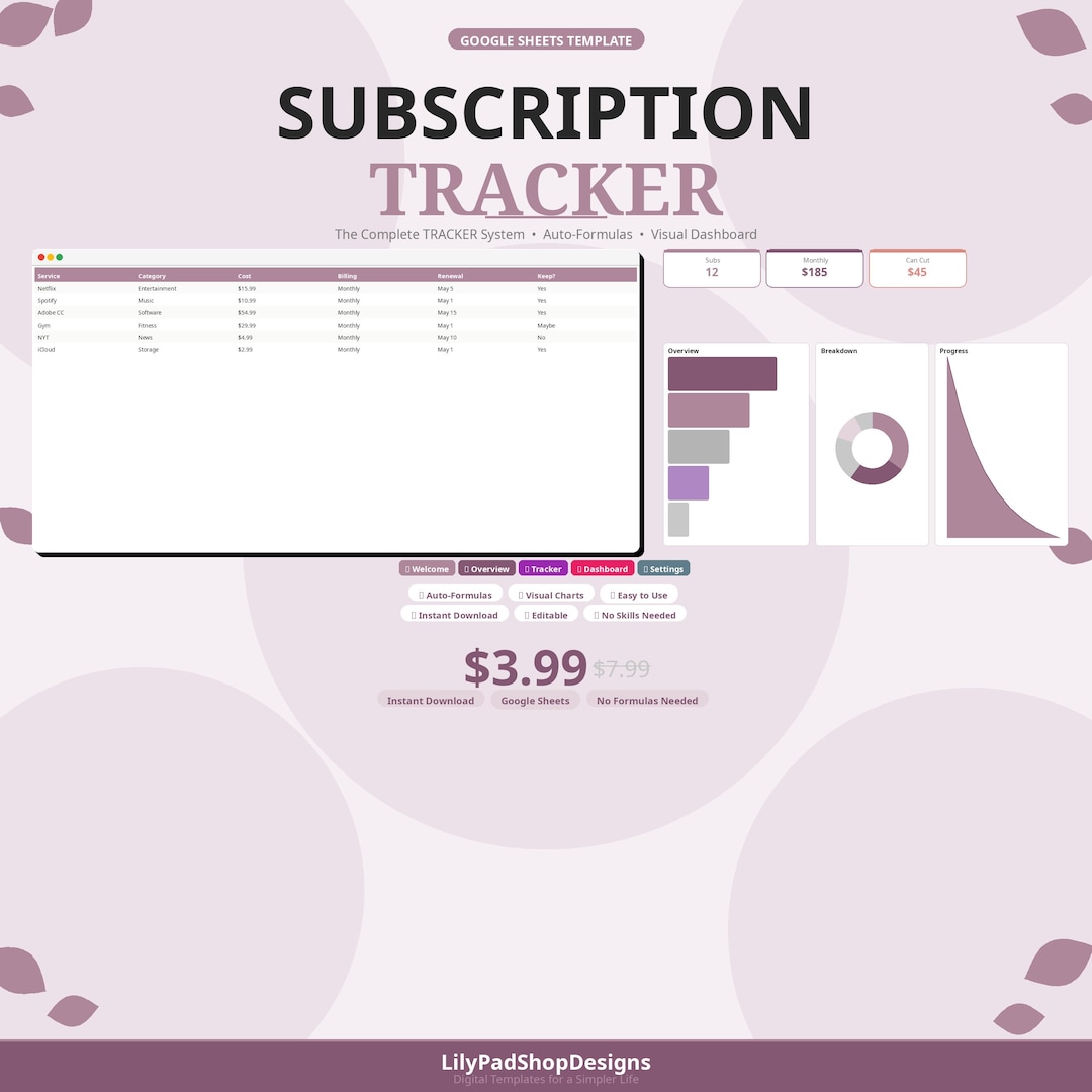 Subscription Tracker Google Sheets, Monthly Subscriptions Spreadsheet ...