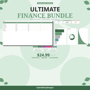 May include: A digital finance bundle template in green and white. It features 10 finance templates, auto-formulas, and a visual dashboard. The price is £20.00 approximately.