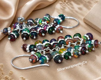 Black Opal Cluster Dangle Earrings, Natural Ethiopian Opal Jewellery, 925 Silver or Gold Filled, Color ful Fire Gemstone Earrings