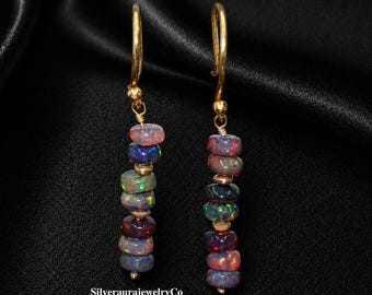 Natural Ethiopian Black Opal Earrings Fire Opal Cluster Drop Earrings,  Sterling Silver October Birthstone Minimalist Jewellery Gift for Her