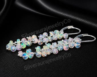 Natural White Opal Earrings, Ethiopian Opal Cluster Drop Design, 14K Gold Filled or 925 Silver, Bridal & Birthstone Jewellery