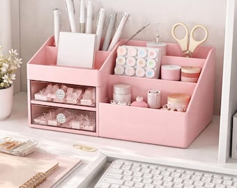 Multifunctional Pink Desk Organizer | Makeup & Stationery Storage with Drawers | Aesthetic Pink Desk Organizer | Makeup Storage