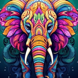 Peut inclure: Illustration colorée d'un éléphant aux motifs complexes. L'éléphant présente un spectre de couleurs, notamment orange, rose, bleu et jaune, créant un effet visuel saisissant. L'œuvre d'art présente des motifs détaillés sur la tête, les oreilles et la trompe de l'éléphant.
