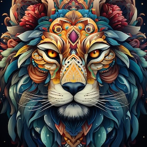 Puede incluir: Ilustración detallada de la cara de un león, con patrones intrincados y colores vibrantes. La melena está compuesta por elementos azules, naranjas y rojos, con un diseño similar a una corona sobre la cabeza. Los ojos del león son de un naranja brillante, estilo artístico y decorativo.