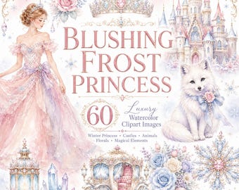 Winterprinses Aquarel Clipart Bundel, 60 Sprookjes PNG's, Kastelen, Dieren, Bloemen & Lijsten, Cottagecore Kunst, Sublimatie Ontwerpen