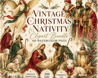 Pacchetto di clipart natalizie vintage con la Natività, Sacra Famiglia ad acquerello delicato, cornici religiose vintage, grafica natalizia cristiana.