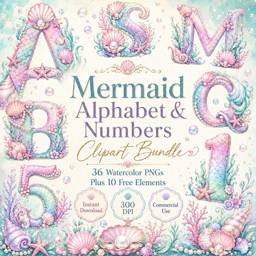 Mermaid Alphabet Clipart Bundle, Watercolor Letters and Numbers PNG ...