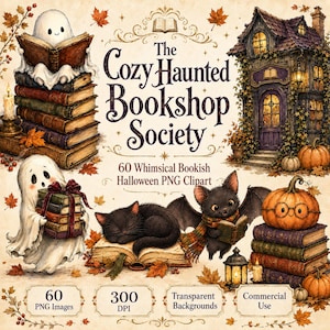 Peut inclure: Une collection numérique intitulée The Cozy Haunted Bookshop Society comprenant 60 images clipart PNG d'Halloween. Les illustrations incluent des fantômes lisant, un chat noir, une chauve-souris, des citrouilles et une librairie hantée avec des feuilles d'automne.
