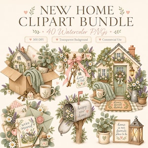 Op de afbeelding: Een digitale collectie getiteld NEW HOME CLIPART BUNDLE met 40 aquarel PNG's. De afbeeldingen bevatten een huis in een kartonnen doos, een sleutelrek, een huisje met een deurmat, enveloppen met de tekst We've moved en een brievenbus met de tekst Happy new home.