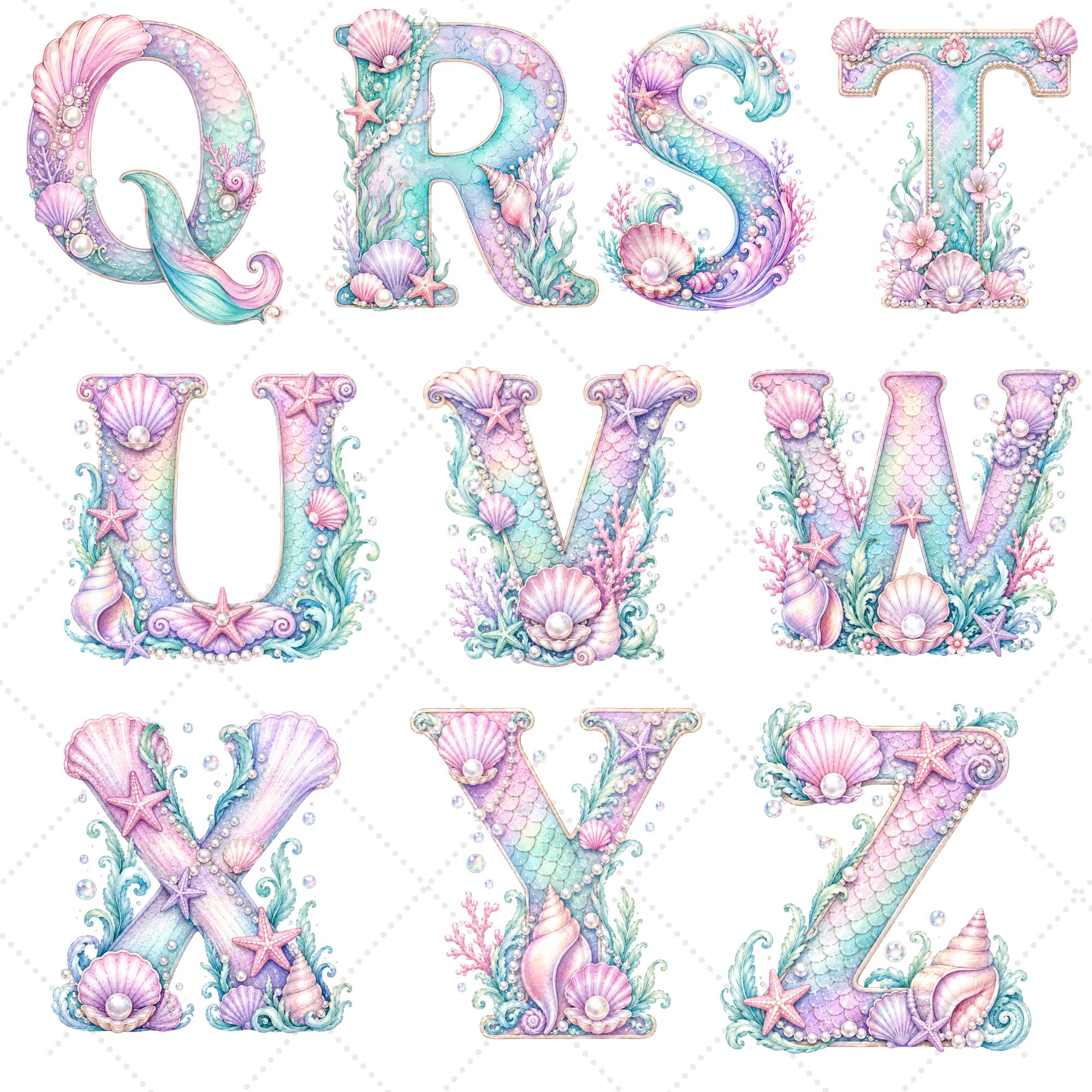 Mermaid Alphabet Clipart Bundle, Watercolor Letters and Numbers PNG ...