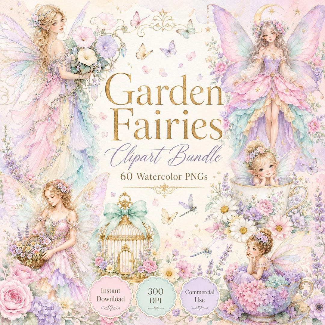 Watercolor Garden Fairy Clipart Bundle PNG, Pastel Fairy Clipart ...