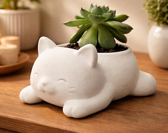 Maceta de cerámica blanca con forma de gato para plantas suculentas