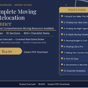 Könnte beinhalten: Ein digitaler Download-Planer in Marineblau mit dem Titel "Complete Moving & Relocation Planner". Der Planer umfasst 79 Seiten, 10 Abschnitte und über 400 Checklistenpunkte. Er enthält auch Themen wie "Finden Sie Ihre neue Gegend".