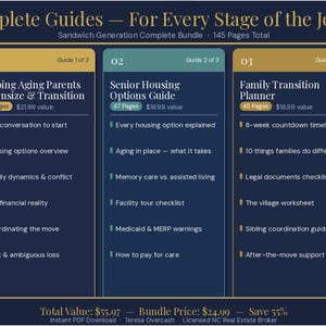 May include: A digital bundle of three guides on elder care and family transition. The guides cover topics like downsizing, housing options, and family planning. Each guide is color-coded and includes a list of topics covered. The bundle is 145 pages total.