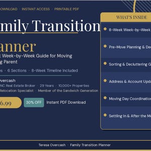 Puede incluir: Una descarga digital azul marino titulada "Family Transition Planner". El planificador incluye una guía de 8 semanas para mudar a un padre que envejece, con secciones sobre planificación previa a la mudanza, eliminación de desorden y coordinación del día de la mudanza.