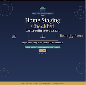 以下が含まれることがあります： 家アイコン付きの「Home Staging Checklist」というタイトルのネイビーブルーのデジタルガイド。このガイドは、ユーザーが「Get Top Dollar Before You List」できるようにすることを約束します。20ページ、6つのセクション、部屋ごとのガイドが含まれています。