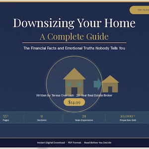 Puede incluir: Una guía digital titulada "Downsizing Your Home" con un fondo azul marino. La portada presenta texto, un gráfico de dos casas y detalles sobre el autor y la experiencia. Incluye el texto "TOP 1% NATIONALLY".