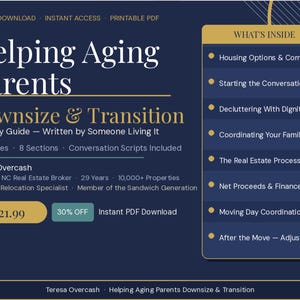 May include: A digital download guide titled "Helping Aging Parents Downsize & Transition." The navy blue graphic includes the guide's details, author information, and a list of topics such as housing options, decluttering, and finances.