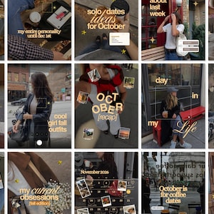 May include: A grid of fifteen social media posts featuring lifestyle photography, including coffee cups, autumn outfits, city streets, indoor home settings, and calendar layouts, all overlaid with gold text and small star icons.