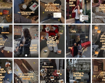 Puede incluir: Una cuadrícula de quince publicaciones en redes sociales con fotografías de estilo de vida, que incluyen tazas de café, atuendos de otoño, calles urbanas, interiores y diseños de calendario, con texto dorado y estrellas.