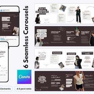 May include: A digital template set for social media carousels featuring dark brown backgrounds with white text and imagery. The text includes phrases like How to find your brand voice, I rebranded my business, and 6 Seamless Carousels with Canva.