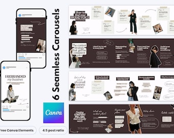 Puede incluir: Un conjunto de plantillas digitales para carruseles de redes sociales con fondos marrón oscuro, texto blanco e imágenes. El texto incluye frases como How to find your brand voice, I rebranded my business y 6 Seamless Carousels con Canva.
