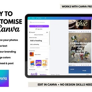 May include: A digital tablet screen displaying the Canva interface with text customization options, including headings and subheadings. The screen shows a design template with photos and the text 'i romanticised a normal day and it worked'.