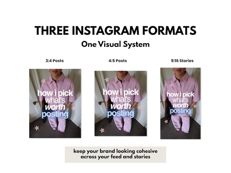 May include: An educational graphic titled THREE INSTAGRAM FORMATS One Visual System displaying three variations of a photo showing a person in a light pink collared shirt and pants with the text how i pick what's worth posting and star icons.