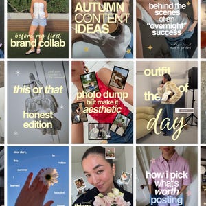 May include: A grid of fifteen social media posts featuring various lifestyle images, including floral arrangements, fashion outfits, and personal photography, overlaid with yellow and white text captions such as 'Autumn Content Ideas' and 'Outfit of the Day'.