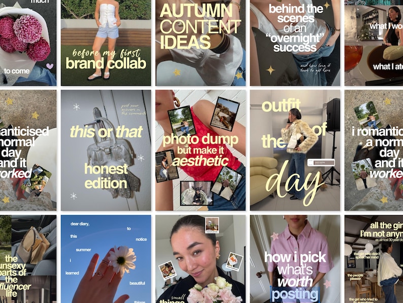 May include: A grid of fifteen social media posts featuring various lifestyle images, including floral arrangements, fashion outfits, and personal photography, overlaid with yellow and white text captions such as 'Autumn Content Ideas' and 'Outfit of the Day'.