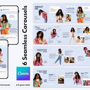 May include: A digital template set for social media featuring six seamless carousels with a light blue background. The layout includes multiple photo frames, text boxes, and graphic elements designed for Canva, showcasing a person in various outfits.