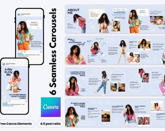 Puede incluir: Un conjunto de plantillas digitales para redes sociales con seis carruseles continuos sobre un fondo azul claro. El diseño incluye múltiples marcos de fotos, cuadros de texto y elementos gráficos para Canva, mostrando a una persona con varios atuendos.