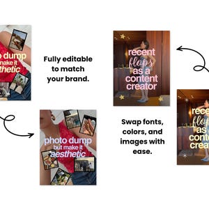 May include: A digital template set for social media featuring editable layouts with text overlays. The designs include photo collages with the text photo dump but make it aesthetic and recent flops as a content creator, with graphic arrows and stars.