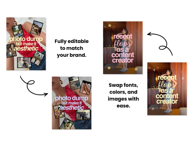 May include: A digital template set for social media featuring editable layouts with text overlays. The designs include photo collages with the text photo dump but make it aesthetic and recent flops as a content creator, with graphic arrows and stars.