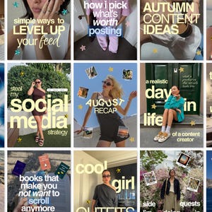 Puede incluir: Una cuadrícula de quince miniaturas de publicaciones en redes sociales con diversas imágenes de estilo de vida, incluyendo personas con ropa casual, paisajes al aire libre y superposiciones de texto con frases como 'social media strategy'.