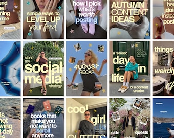 May include: A grid of fifteen social media post thumbnails featuring various lifestyle images, including people in casual clothing, outdoor scenery, and text overlays with phrases like 'social media strategy', 'autumn content ideas', and 'day in life'.