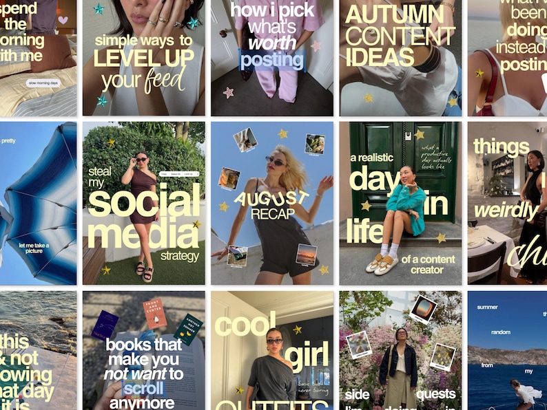 May include: A grid of fifteen social media post thumbnails featuring various lifestyle images, including people in casual clothing, outdoor scenery, and text overlays with phrases like 'social media strategy', 'autumn content ideas', and 'day in life'.