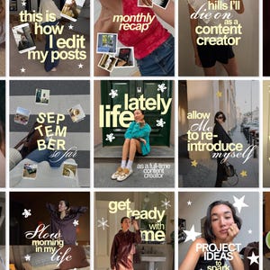 Peut inclure: Une grille de quinze images de réseaux sociaux présentant diverses scènes de vie, tenues de mode et superpositions de texte incluant des phrases comme monthly recap, life lately et get ready with me, ornées d'icônes d'étoiles et de fleurs blanches.