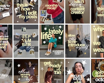 May include: A grid of fifteen social media post images featuring various lifestyle scenes, fashion outfits, and text overlays including phrases like monthly recap, life lately, and get ready with me, decorated with white star and flower icons.