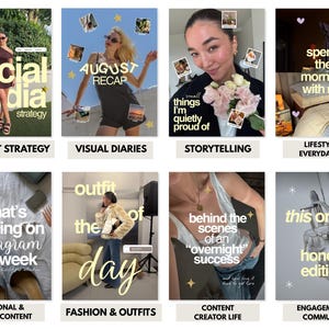 May include: A collection of eight digital social media graphics featuring various lifestyle and fashion imagery with overlaid text including phrases like steal my social media strategy, august recap, and this or that honest edition.