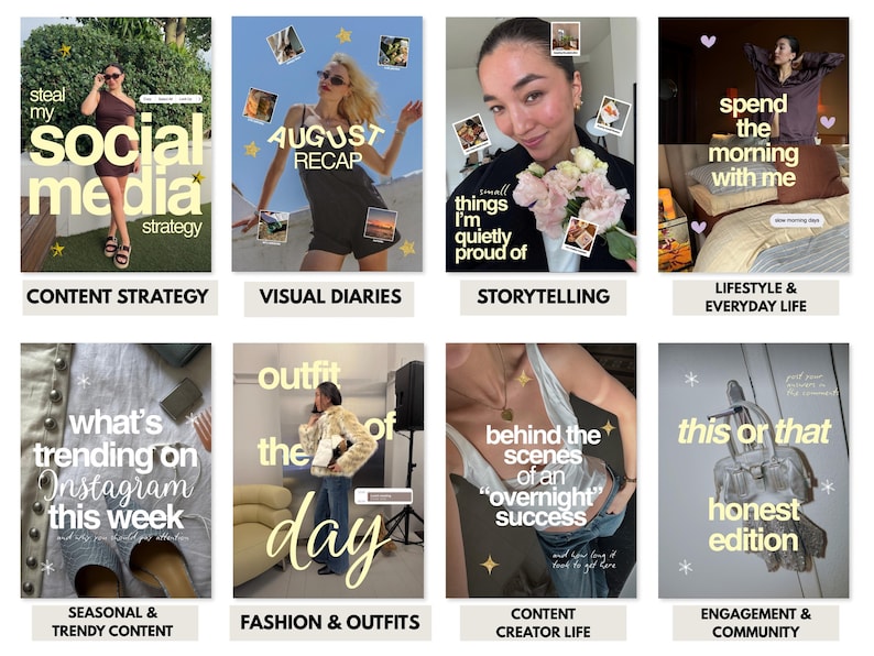 May include: A collection of eight digital social media graphics featuring various lifestyle and fashion imagery with overlaid text including phrases like steal my social media strategy, august recap, and this or that honest edition.